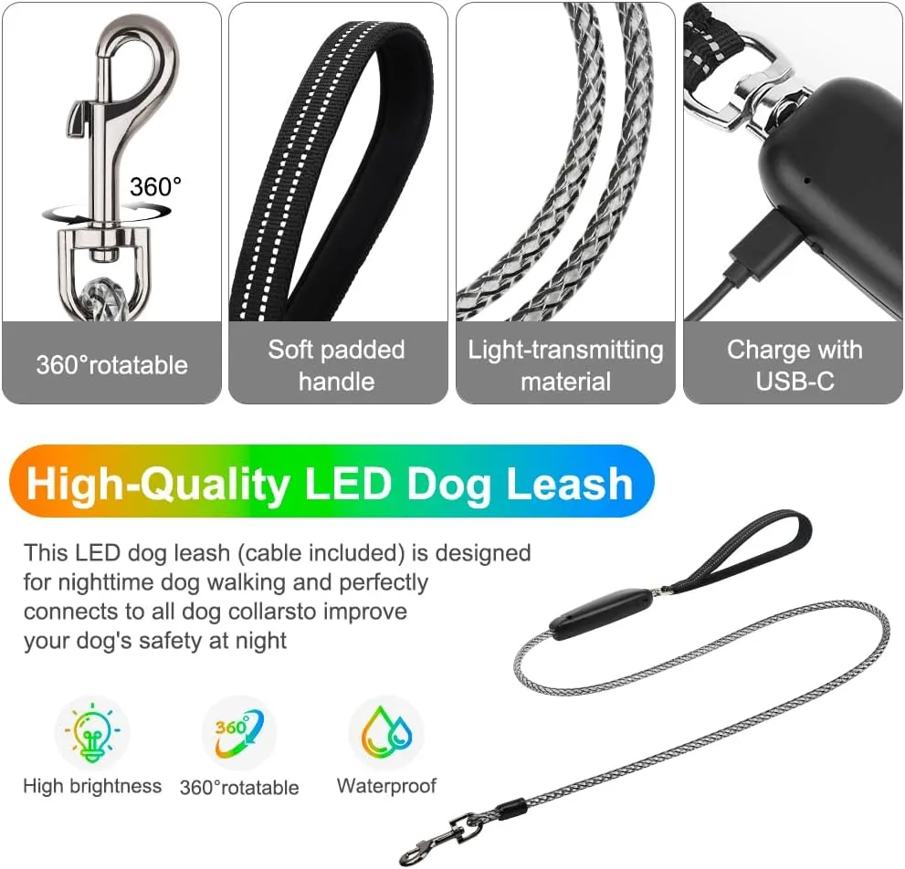 1 Pack LED Dog Leash USB Rechargeable Colorful 5ft Glow-in-Dark Safety Leash with Steel Cable & Quick Clip for Small Medium Large Dogs (Colorful, 5 feet)