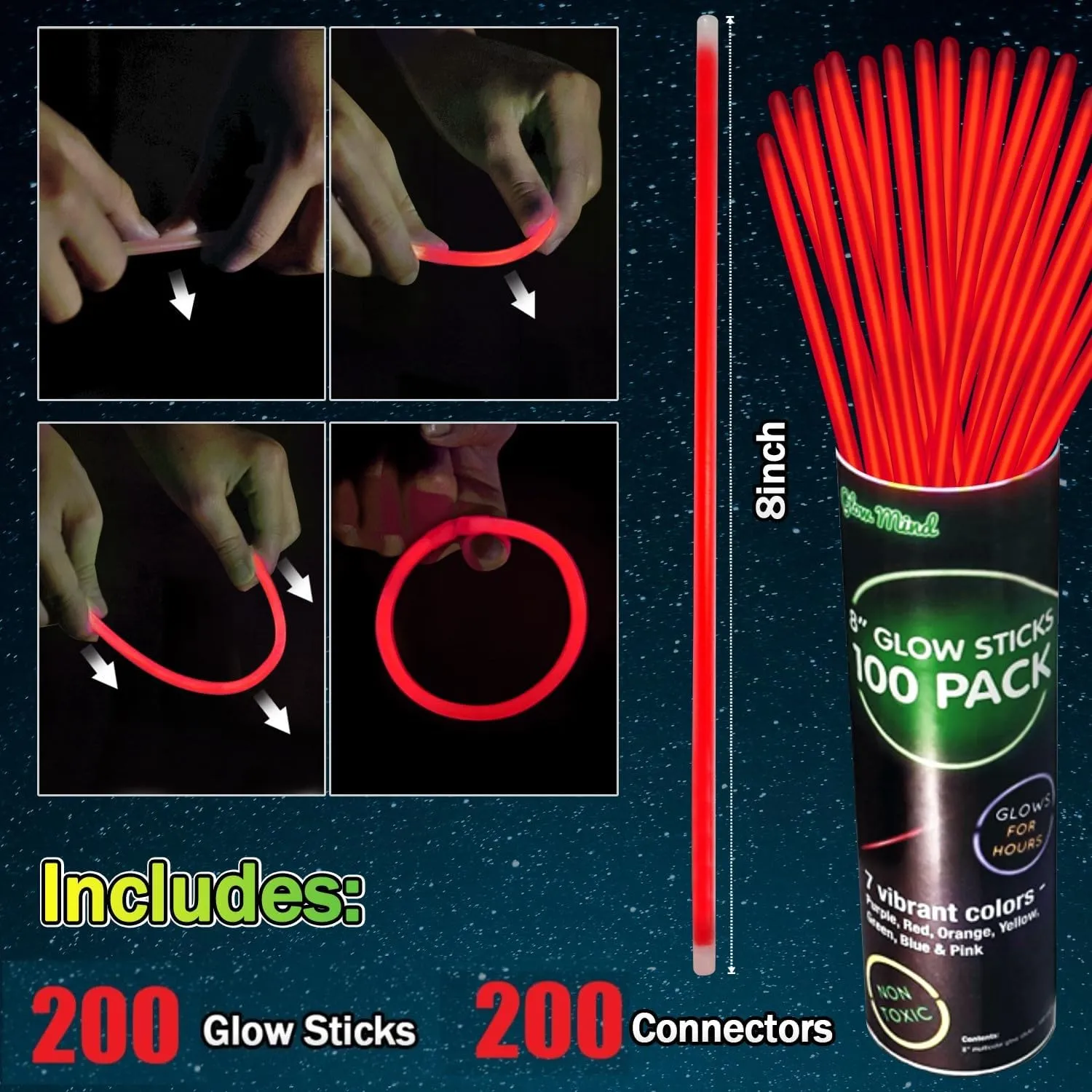 200 Pcs Red Glow Sticks Bracelet Necklaces Bulk Glow in The Dark Party Supplies 8 Light Up Stick with Connectors for Christmas Valentine's Day Easter 4th of July Party Favors Birthday Carnival