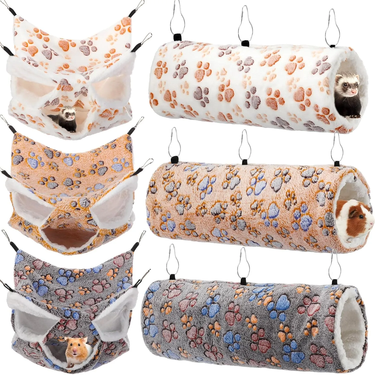 6 Pieces Rat 3 Tier Hammock Set Ferret Hanging Tunnel Guinea Pig Hideout Soft Hamster Bed for Cage Small Animal Toy Accessories for Rat Ferret(Cute Color)