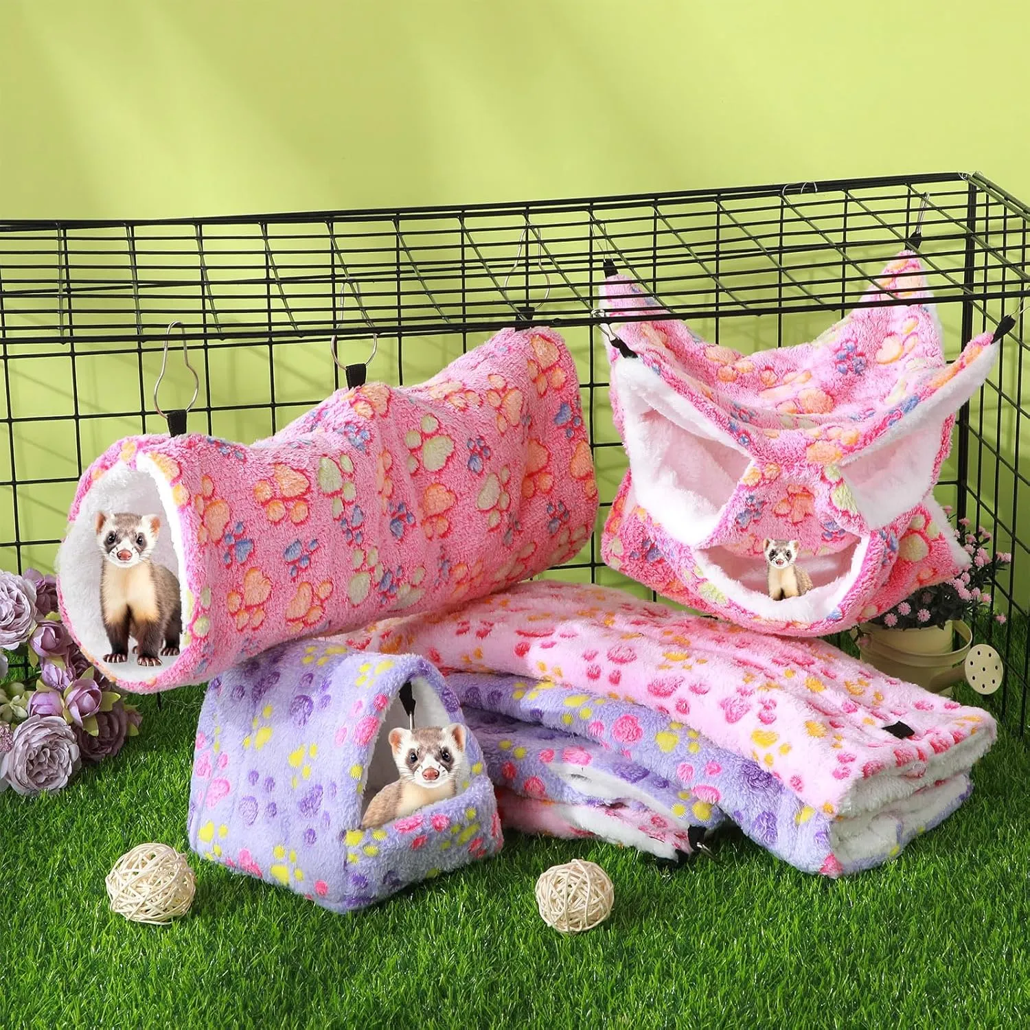 Abbylike 9 Pieces Rat Hammock Guinea Pig Ferret Hammocks Small Pet Hanging Tunnel Glider Toy Guinea Pig Ferret Hideout Bed Cage Accessories for Hamster(Purple, Pink, Rose Red,Paw)