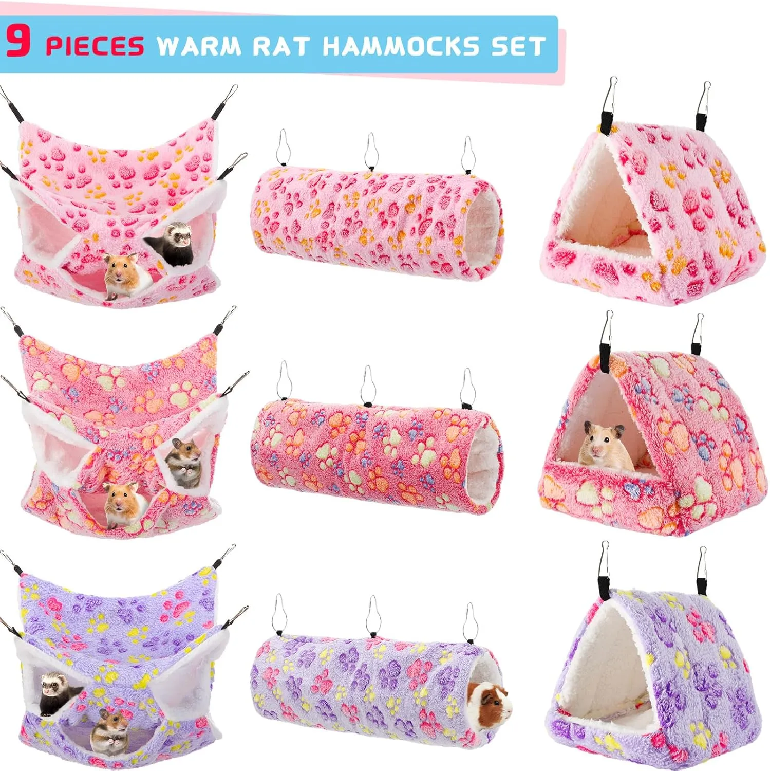 Abbylike 9 Pieces Rat Hammock Guinea Pig Ferret Hammocks Small Pet Hanging Tunnel Glider Toy Guinea Pig Ferret Hideout Bed Cage Accessories for Hamster(Purple, Pink, Rose Red,Paw)