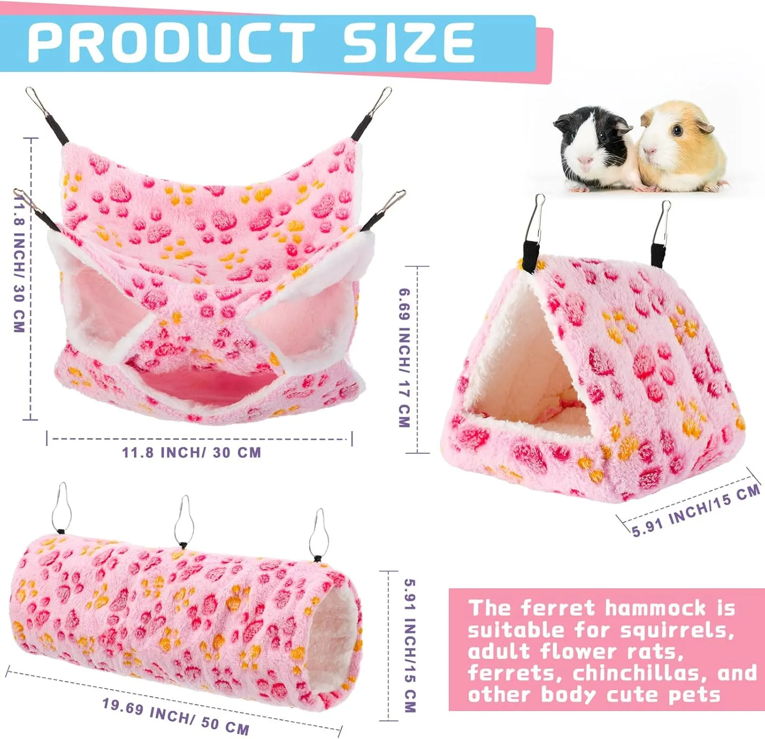Abbylike 9 Pieces Rat Hammock Guinea Pig Ferret Hammocks Small Pet Hanging Tunnel Glider Toy Guinea Pig Ferret Hideout Bed Cage Accessories for Hamster(Purple, Pink, Rose Red,Paw)