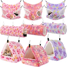 Abbylike 9 Pieces Rat Hammock Guinea Pig Ferret Hammocks Small Pet Hanging Tunnel Glider Toy Guinea Pig Ferret Hideout Bed Cage Accessories for Hamster(Purple, Pink, Rose Red,Paw)