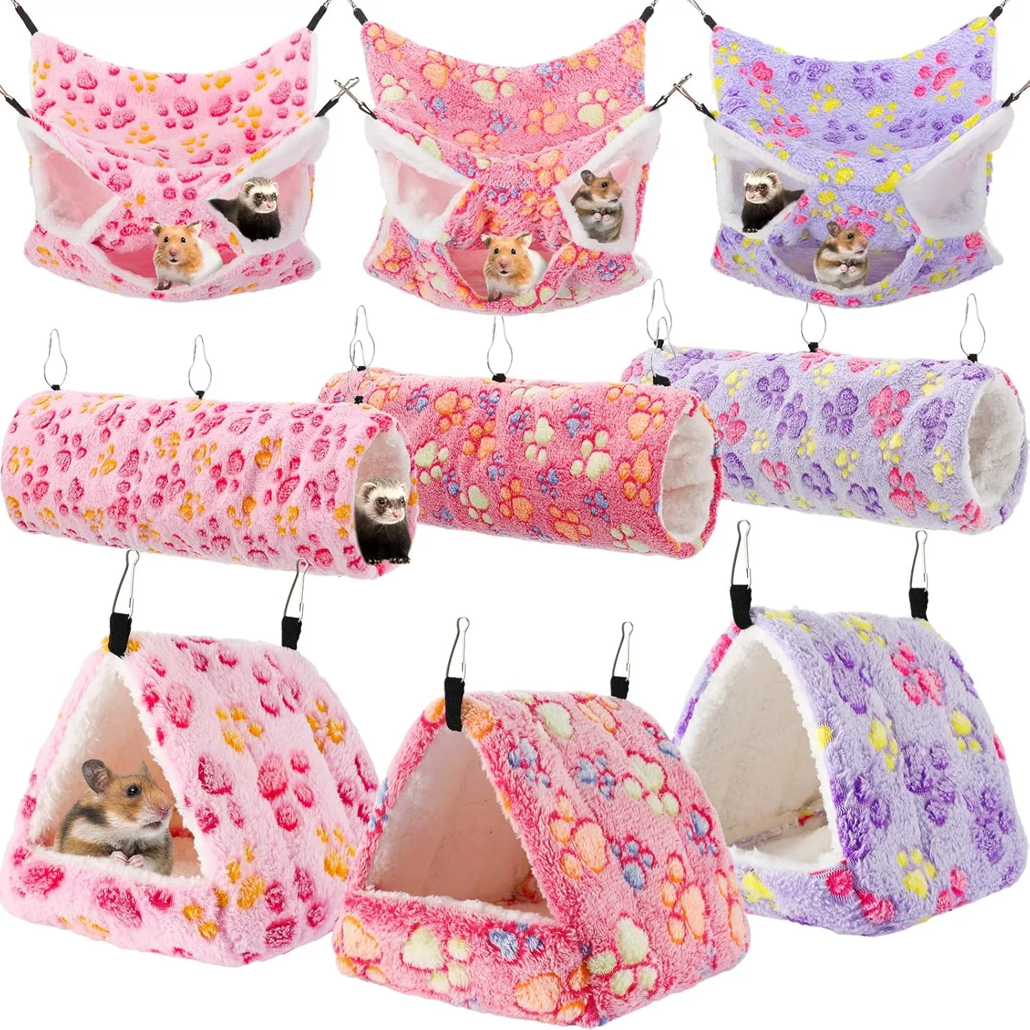 Abbylike 9 Pieces Rat Hammock Guinea Pig Ferret Hammocks Small Pet Hanging Tunnel Glider Toy Guinea Pig Ferret Hideout Bed Cage Accessories for Hamster(Purple, Pink, Rose Red,Paw)