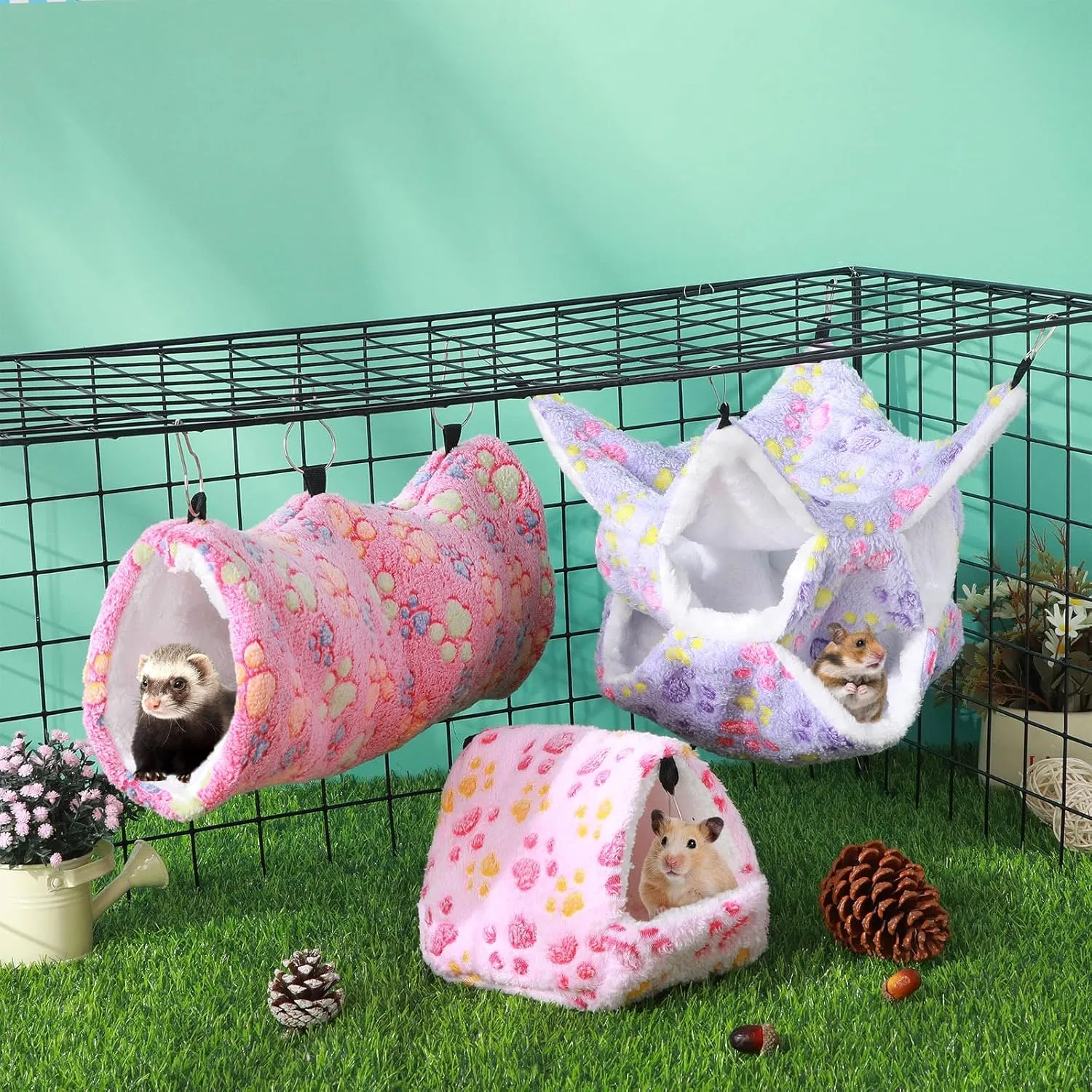 Abbylike 9 Pieces Rat Hammock Guinea Pig Ferret Hammocks Small Pet Hanging Tunnel Glider Toy Guinea Pig Ferret Hideout Bed Cage Accessories for Hamster(Purple, Pink, Rose Red,Paw)