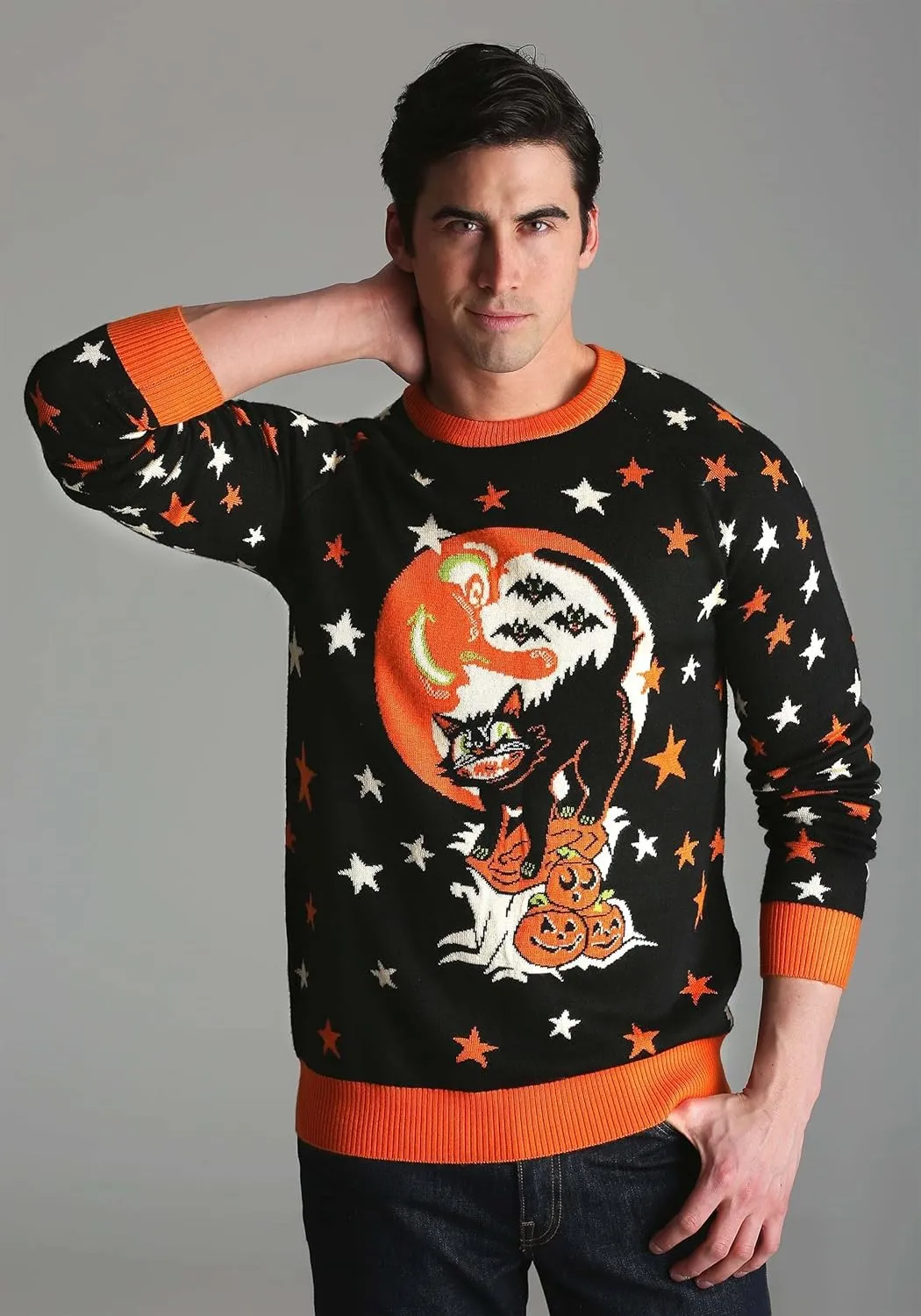 Adult Vintage Halloween Cat Halloween Sweater, Soft Acrylic & Cotton Blend, Knitted Graphics