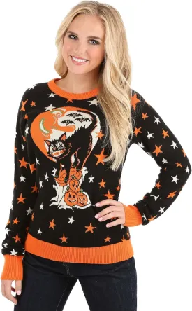 Adult Vintage Halloween Cat Halloween Sweater, Soft Acrylic & Cotton Blend, Knitted Graphics