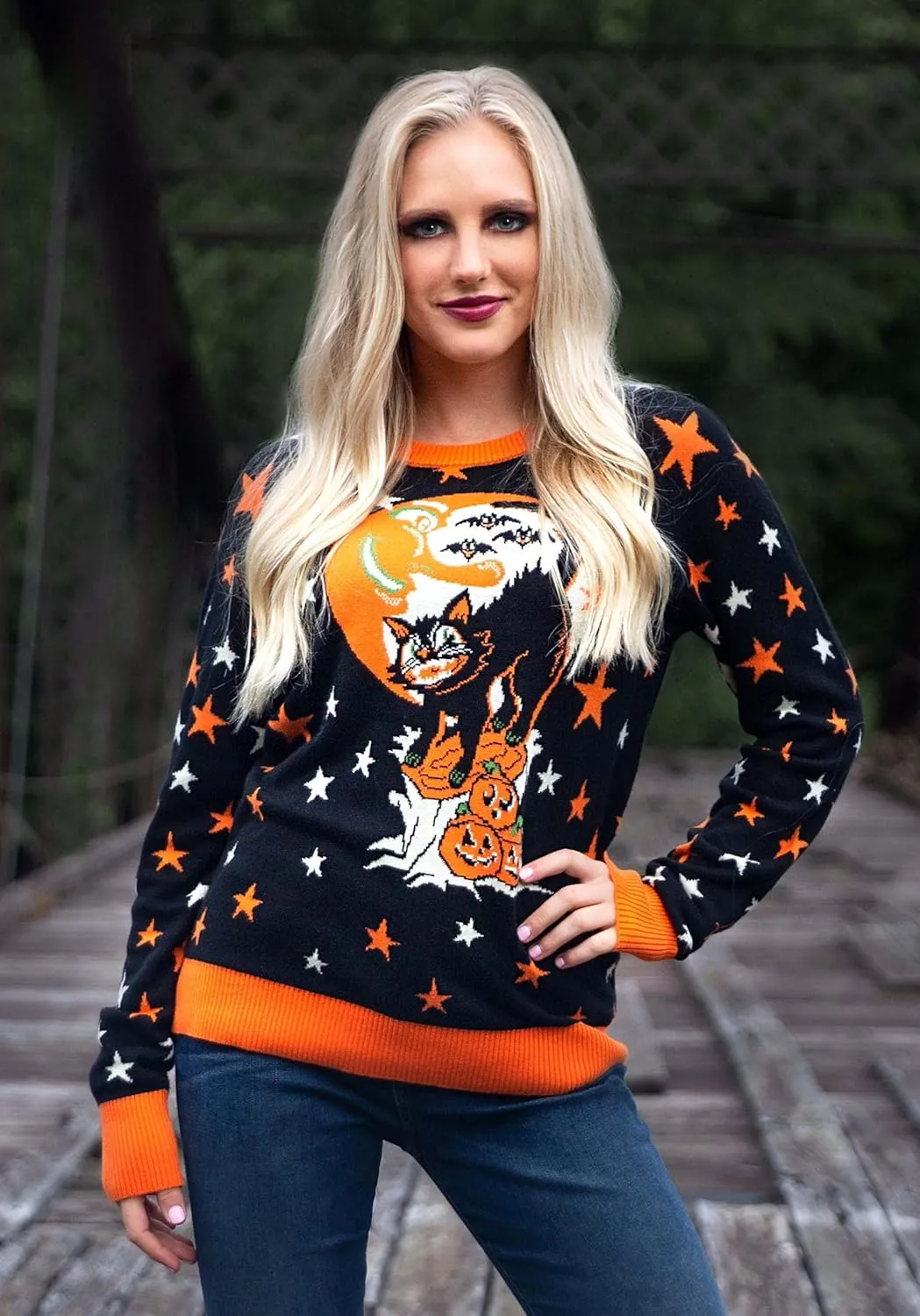 Adult Vintage Halloween Cat Halloween Sweater, Soft Acrylic & Cotton Blend, Knitted Graphics