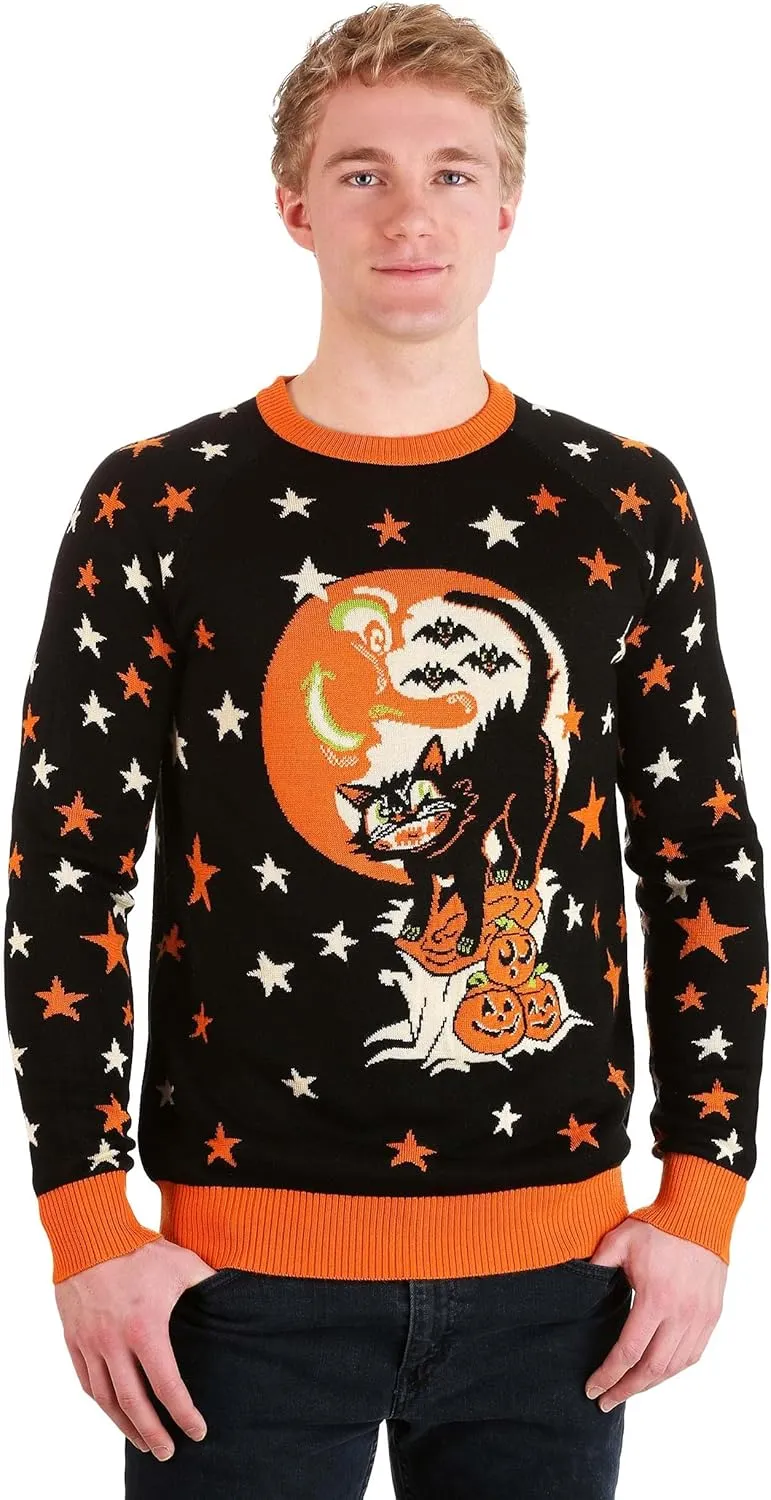 Adult Vintage Halloween Cat Halloween Sweater, Soft Acrylic & Cotton Blend, Knitted Graphics