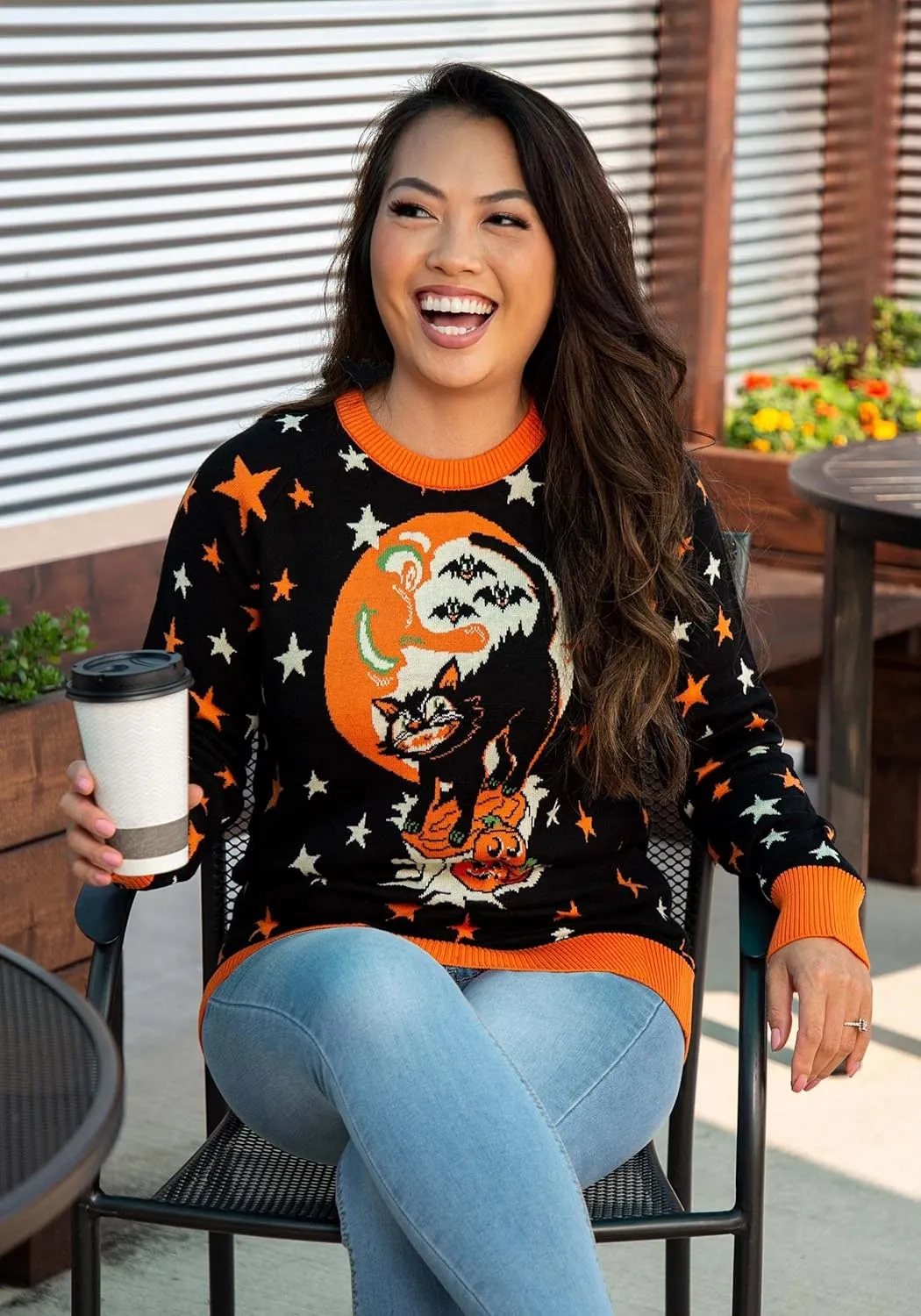 Adult Vintage Halloween Cat Halloween Sweater, Soft Acrylic & Cotton Blend, Knitted Graphics