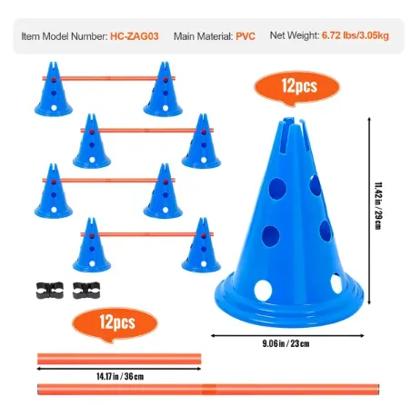 Agility Training Hurdle/Cone Set - 12 Cones, 6 Rods with Storage Bag for Dogs