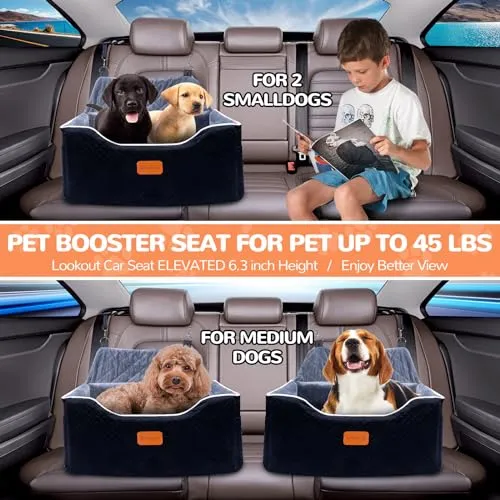 AlfaTok Memory Foam Booster Dog Car Seat Medium Dogs, Elevated Pet Car Seat Under 45 LBS, Detachable Washable, Anti-Slip Dog Booster Seat for Car Back Seat Only, Travel Dog Car Bed, Dog Seat Belt
