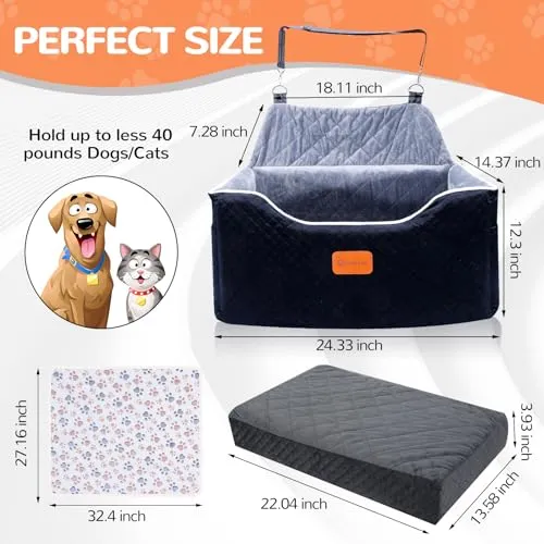 AlfaTok Memory Foam Booster Dog Car Seat Medium Dogs, Elevated Pet Car Seat Under 45 LBS, Detachable Washable, Anti-Slip Dog Booster Seat for Car Back Seat Only, Travel Dog Car Bed, Dog Seat Belt