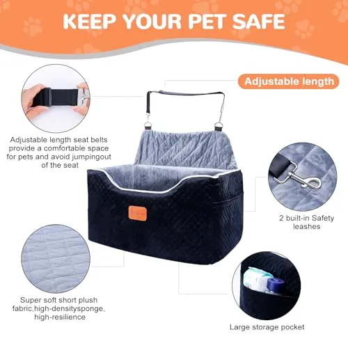 AlfaTok Memory Foam Booster Dog Car Seat Medium Dogs, Elevated Pet Car Seat Under 45 LBS, Detachable Washable, Anti-Slip Dog Booster Seat for Car Back Seat Only, Travel Dog Car Bed, Dog Seat Belt