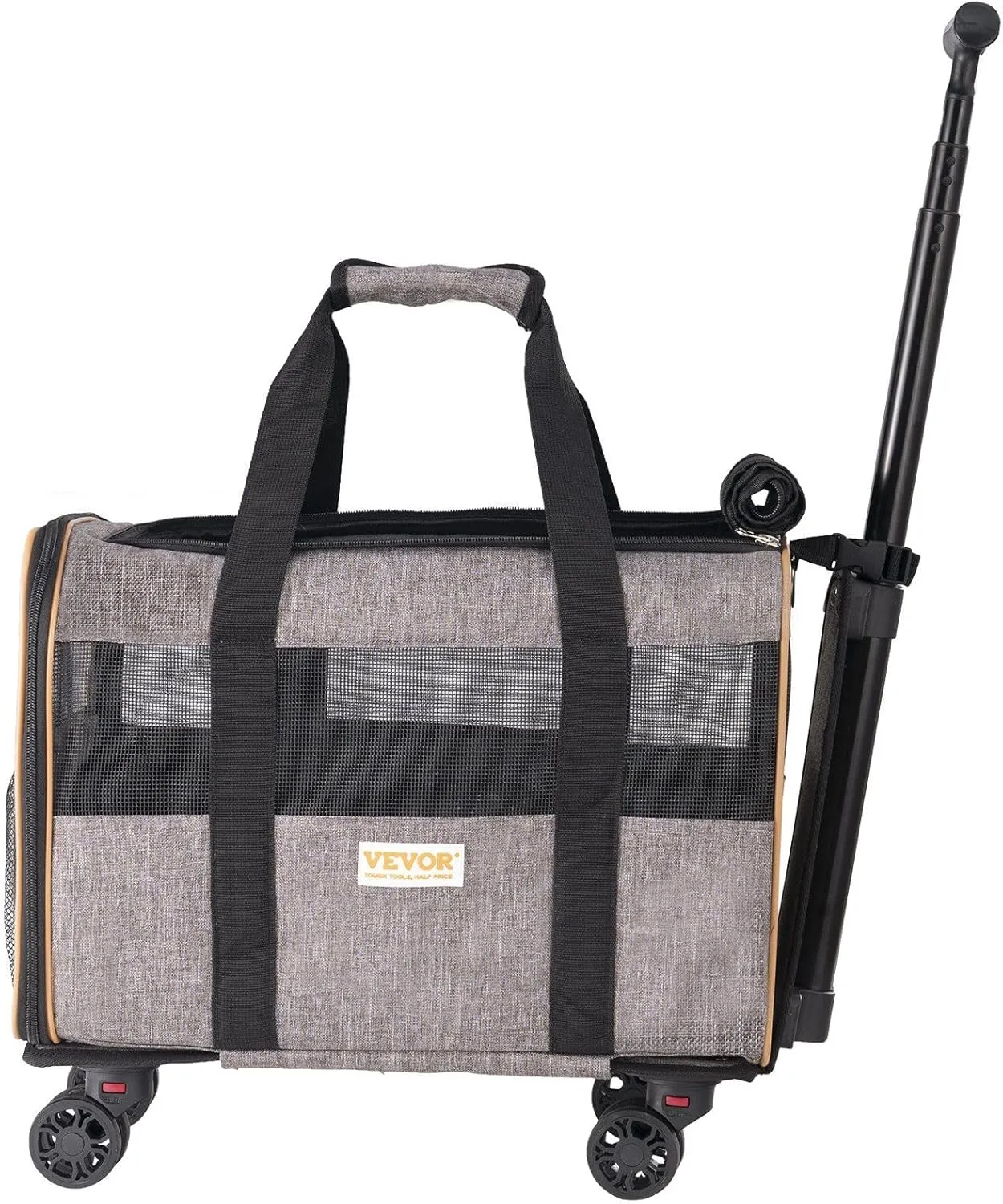 Cat Carrier with Wheels, Airline Approved Rolling Pet Carrier with Telescopic Handle and Shoulder Strap, Dog Carrier with Wheels for Pets Under 22 lbs, with 1 Folding Bowl, Grey