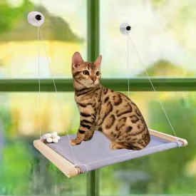 Cat Window Perch | Hammock with Solid Hardwood | 4 Screw-in Suction Cups | Sturdy Bed Seat for Large Heavy Cats (Gray)