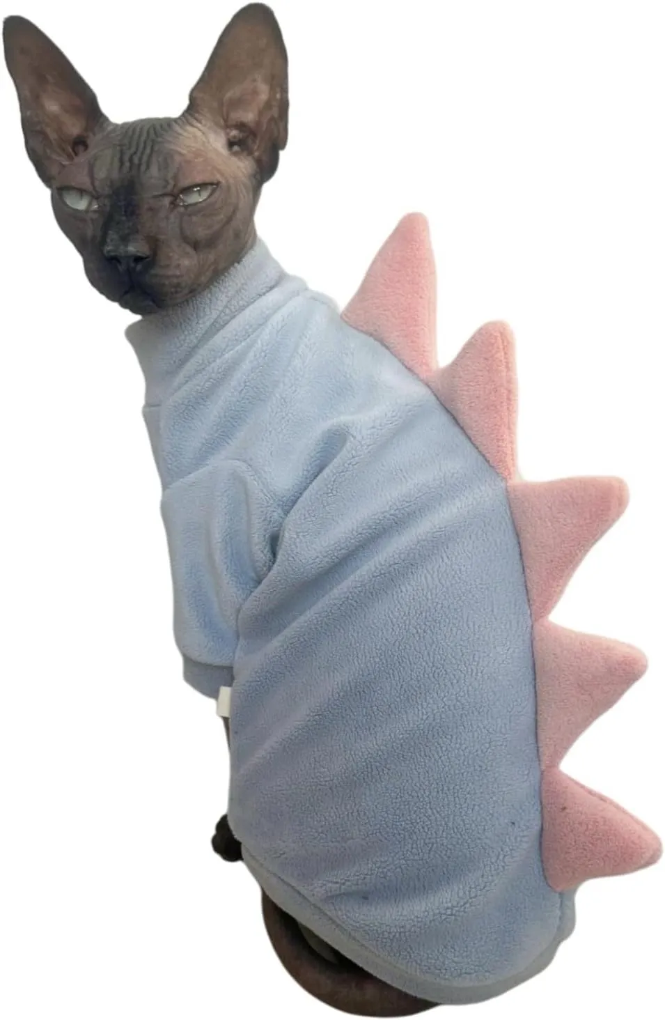 Dinosaur Sphynx Cat Clothes, Soft Polar Fleece Sweater for Cat, Elastic Pet Clothes Thick Winter Warm Outfit for Hairless Cat, Devon, Cornish, Small Dogs Apparel with Sleeves (Sky Blue, Medium)