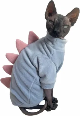 Dinosaur Sphynx Cat Clothes, Soft Polar Fleece Sweater for Cat, Elastic Pet Clothes Thick Winter Warm Outfit for Hairless Cat, Devon, Cornish, Small Dogs Apparel with Sleeves (Sky Blue, Medium)