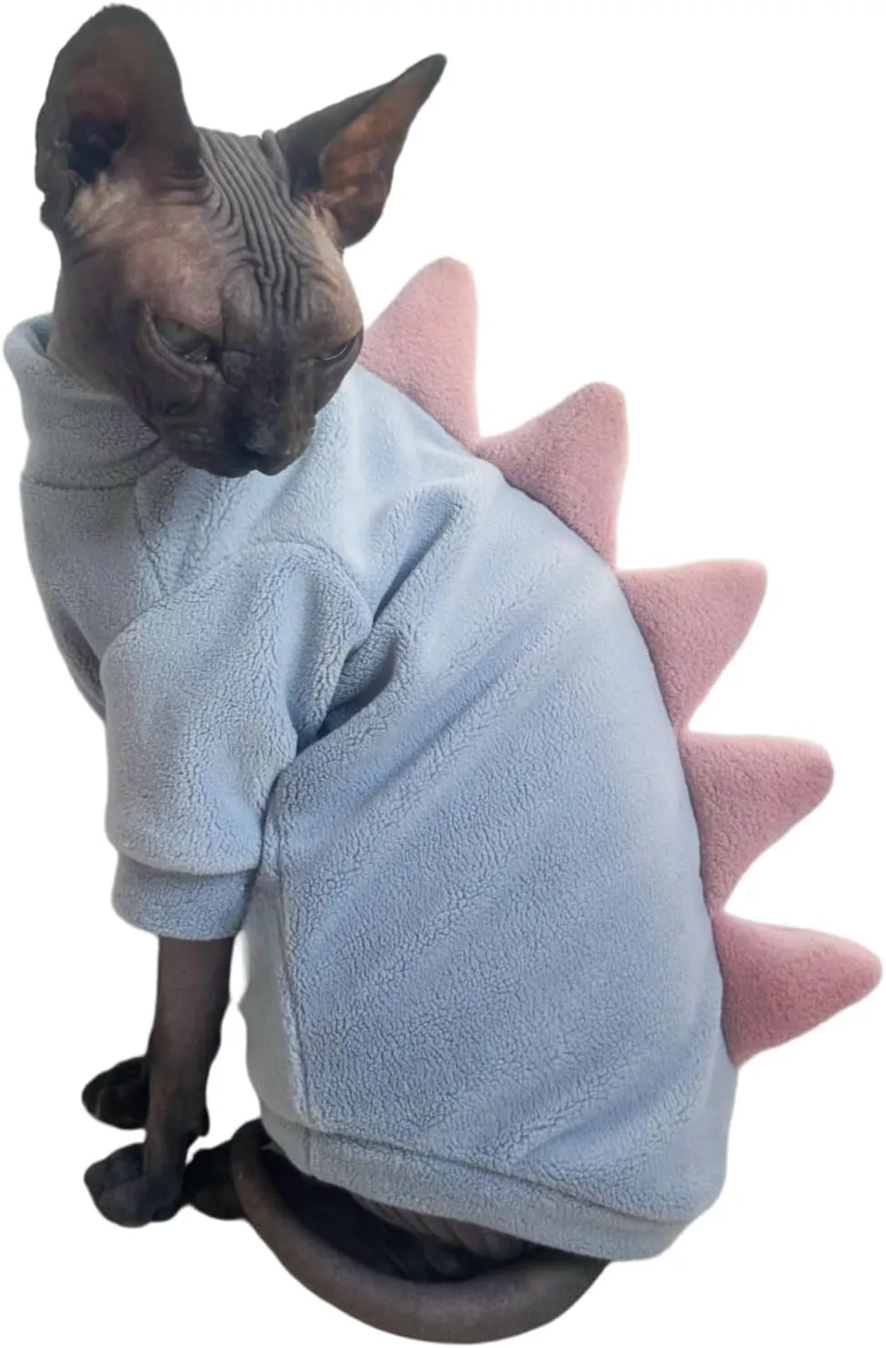 Dinosaur Sphynx Cat Clothes, Soft Polar Fleece Sweater for Cat, Elastic Pet Clothes Thick Winter Warm Outfit for Hairless Cat, Devon, Cornish, Small Dogs Apparel with Sleeves (Sky Blue, Medium)