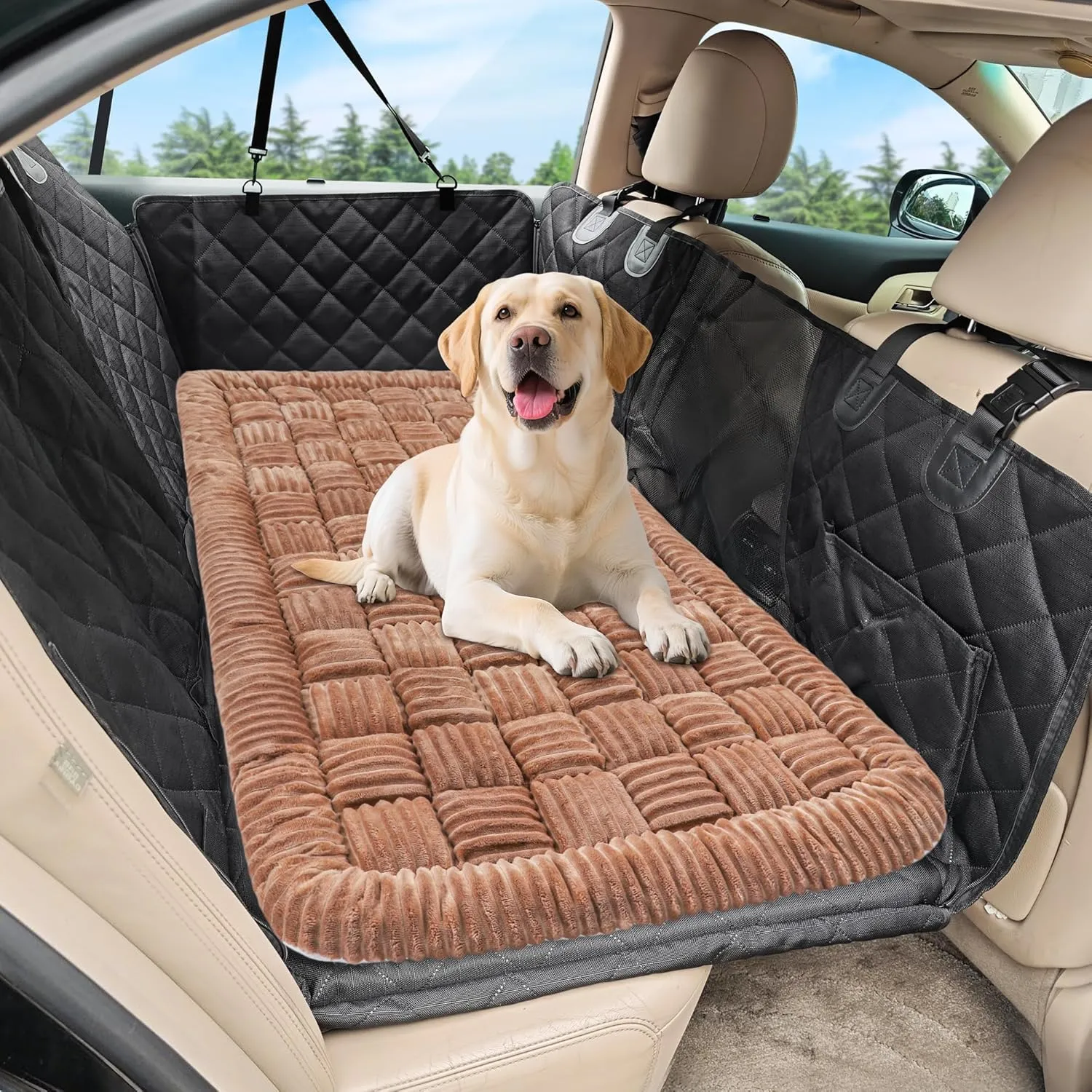 Dog Car Bed Mat, Non-Slip Backseat Extender Pet Blanket, Plaid Dog Bed for SUVs, Sedans & Trucks, Chew-Resistant Travel Pad for Dogs, Easy Clean & Scratch-Proof & Comfort (50"x24.6") Brown