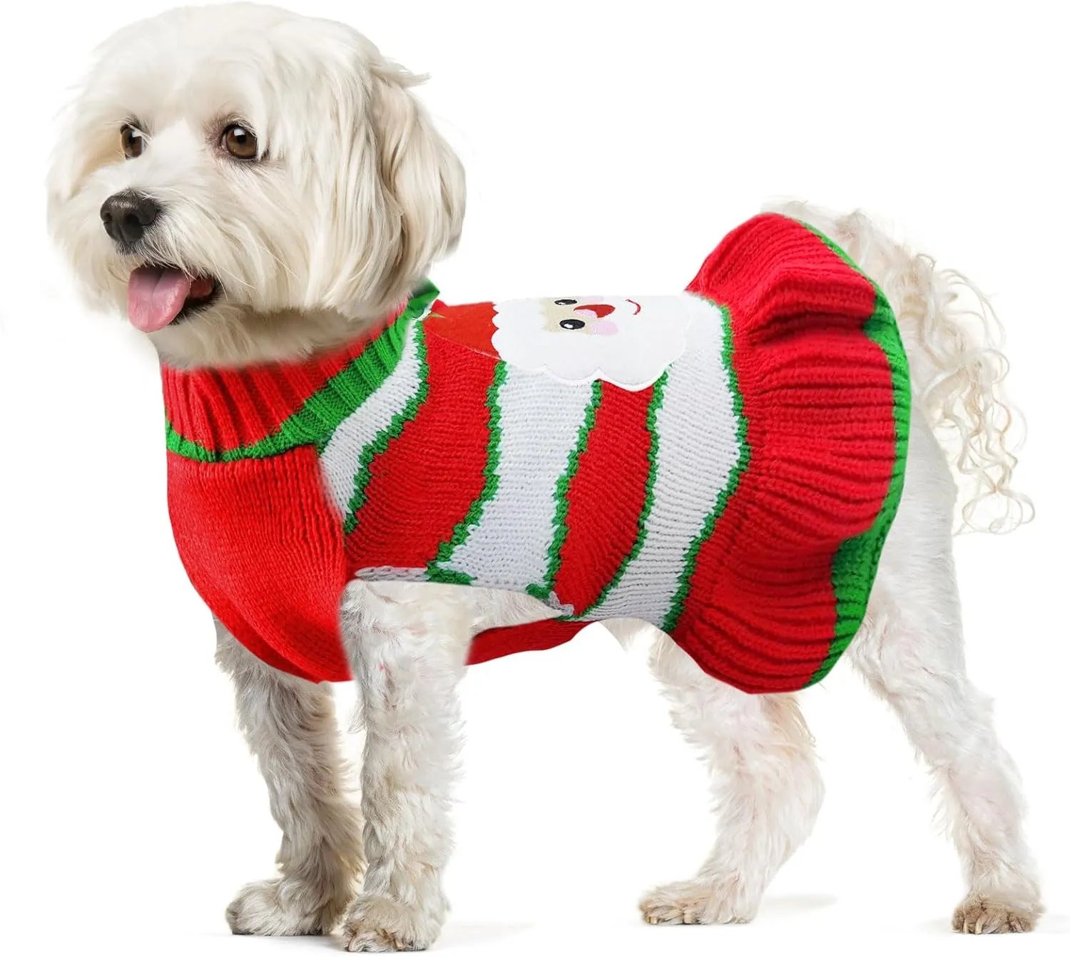 Dog Christmas Sweaters Santa Claus Xmas Dog Sweaters Dress with Leash Hole Christmas Dog Outfits Striped Knitwear Winter Warm Puppy Cat Clothes Holiday Costumes for Small Medium Dogs(Dress,L)