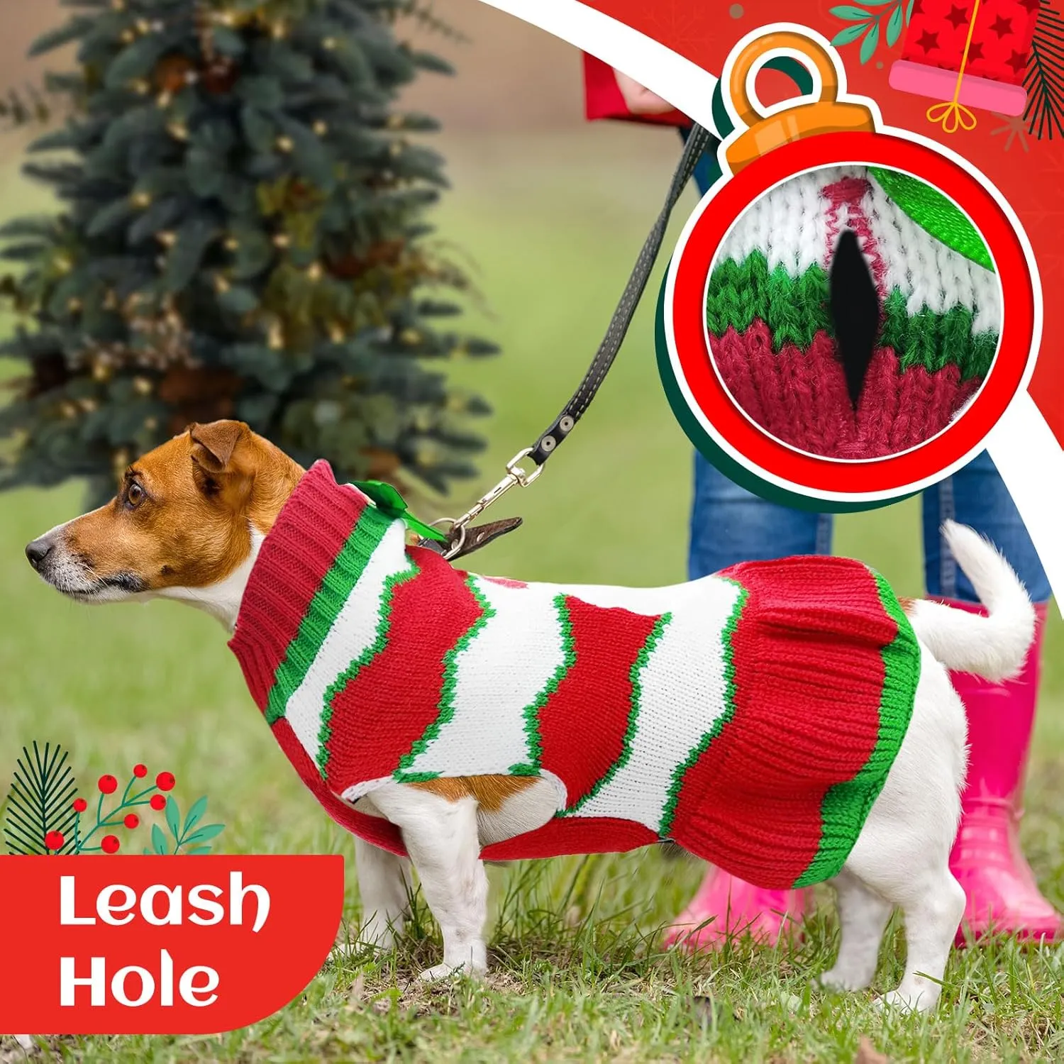 Dog Christmas Sweaters Santa Claus Xmas Dog Sweaters Dress with Leash Hole Christmas Dog Outfits Striped Knitwear Winter Warm Puppy Cat Clothes Holiday Costumes for Small Medium Dogs(Dress,L)