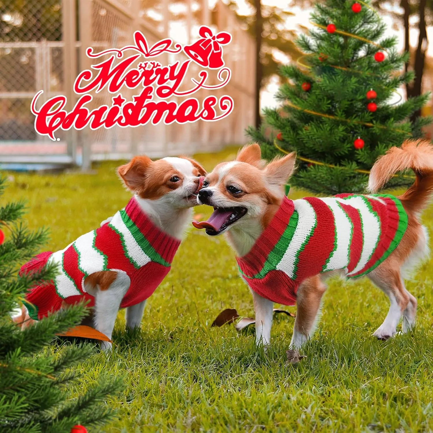 Dog Christmas Sweaters Santa Claus Xmas Dog Sweaters Dress with Leash Hole Christmas Dog Outfits Striped Knitwear Winter Warm Puppy Cat Clothes Holiday Costumes for Small Medium Dogs(Dress,L)