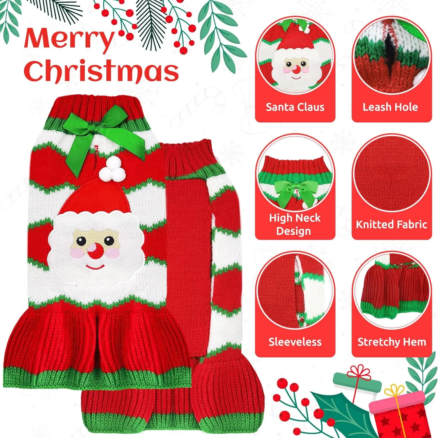 Dog Christmas Sweaters Santa Claus Xmas Dog Sweaters Dress with Leash Hole Christmas Dog Outfits Striped Knitwear Winter Warm Puppy Cat Clothes Holiday Costumes for Small Medium Dogs(Dress,L)