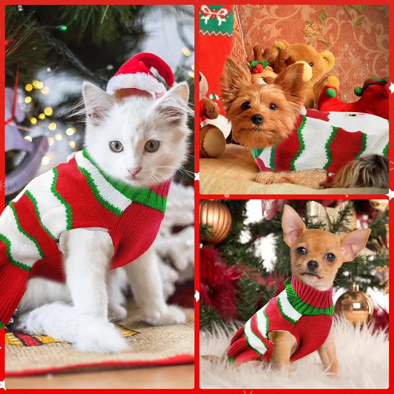 Dog Christmas Sweaters Santa Claus Xmas Dog Sweaters Dress with Leash Hole Christmas Dog Outfits Striped Knitwear Winter Warm Puppy Cat Clothes Holiday Costumes for Small Medium Dogs(Dress,L)