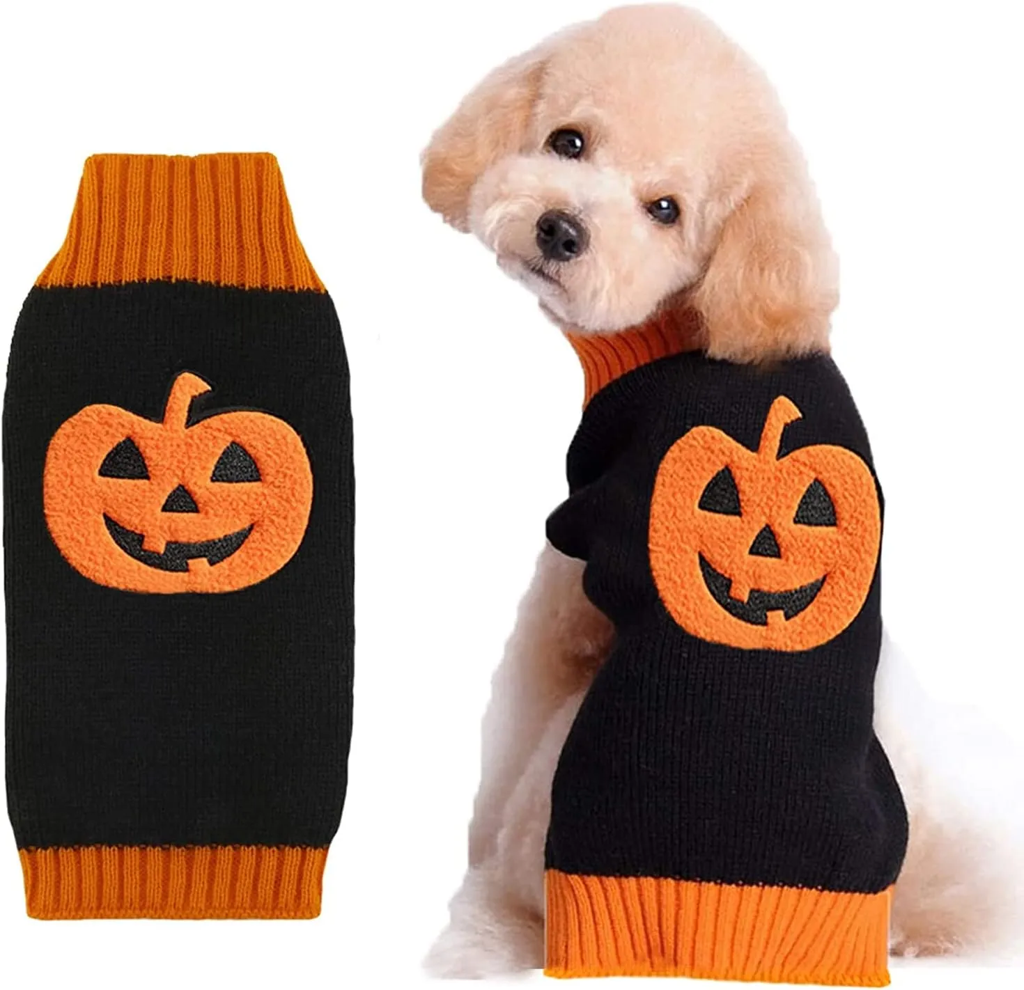 Dog Halloween Sweater Fall Winter Turtleneck Knit Warm Puppy Clothes Outfits Holiday Funny Pumpkin Pet Costumes for Small Medium Large Dogs Cats (XS, Black   Orange)