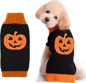 Dog Halloween Sweater Fall Winter Turtleneck Knit Warm Puppy Clothes Outfits Holiday Funny Pumpkin Pet Costumes for Small Medium Large Dogs Cats (XS, Black   Orange)