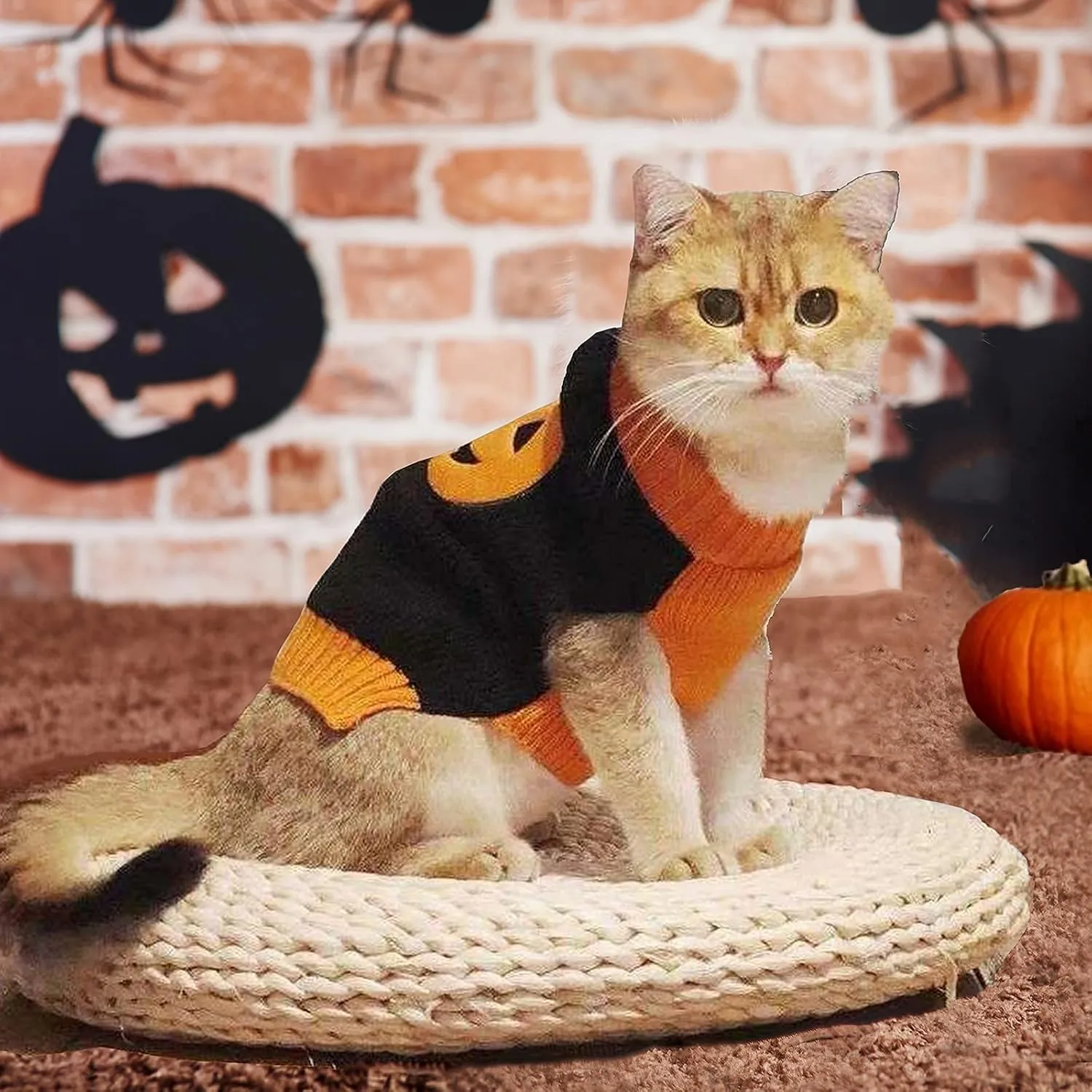 Dog Halloween Sweater Fall Winter Turtleneck Knit Warm Puppy Clothes Outfits Holiday Funny Pumpkin Pet Costumes for Small Medium Large Dogs Cats (XS, Black   Orange)