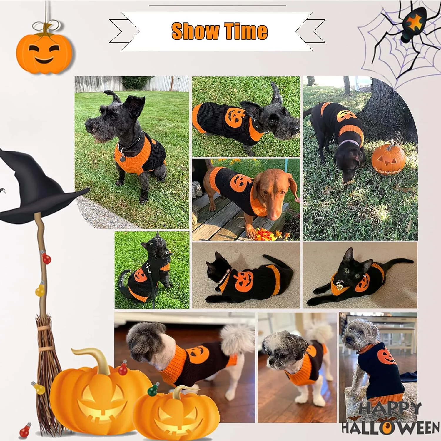 Dog Halloween Sweater Fall Winter Turtleneck Knit Warm Puppy Clothes Outfits Holiday Funny Pumpkin Pet Costumes for Small Medium Large Dogs Cats (XS, Black   Orange)