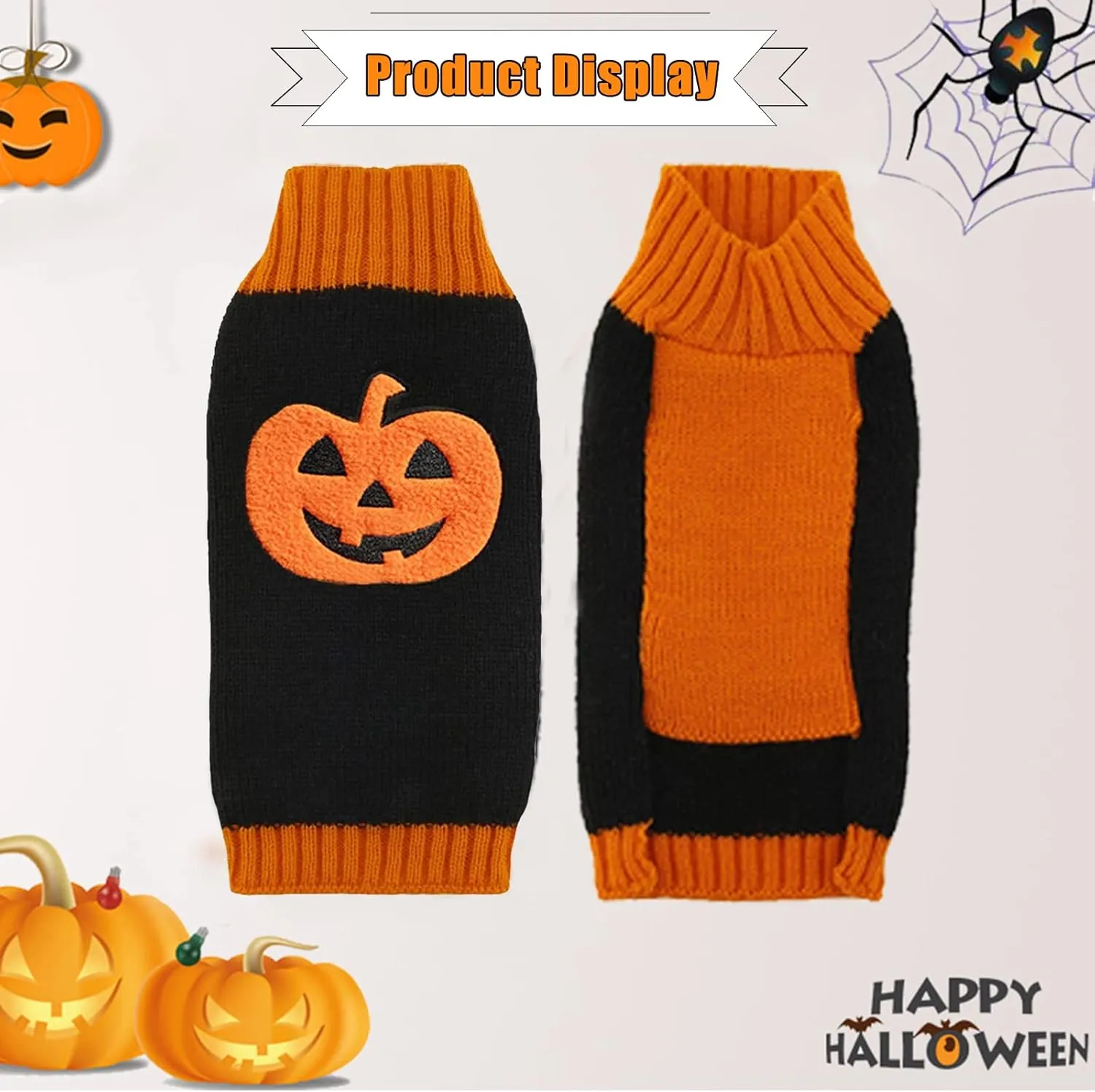 Dog Halloween Sweater Fall Winter Turtleneck Knit Warm Puppy Clothes Outfits Holiday Funny Pumpkin Pet Costumes for Small Medium Large Dogs Cats (XS, Black   Orange)