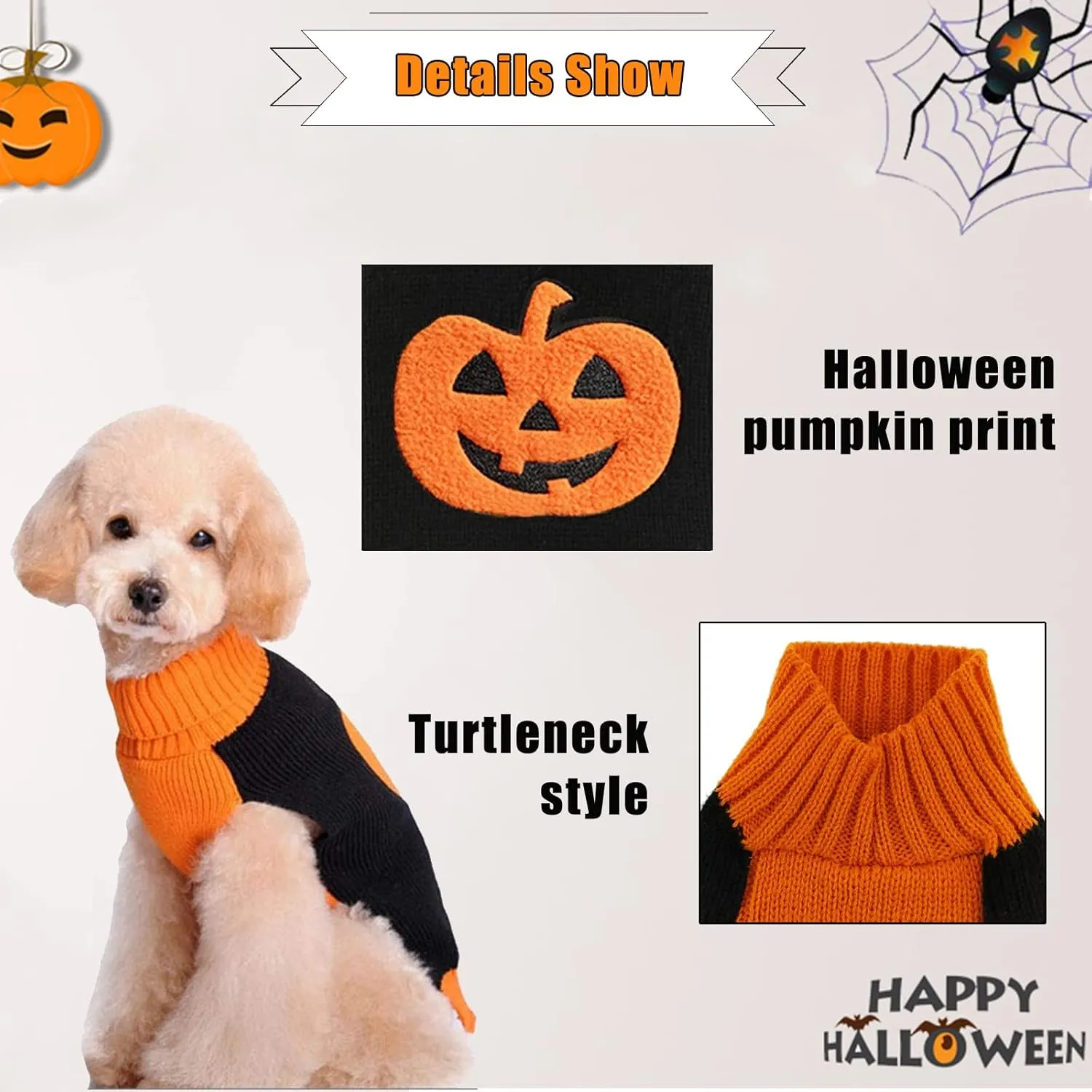 Dog Halloween Sweater Fall Winter Turtleneck Knit Warm Puppy Clothes Outfits Holiday Funny Pumpkin Pet Costumes for Small Medium Large Dogs Cats (XS, Black   Orange)