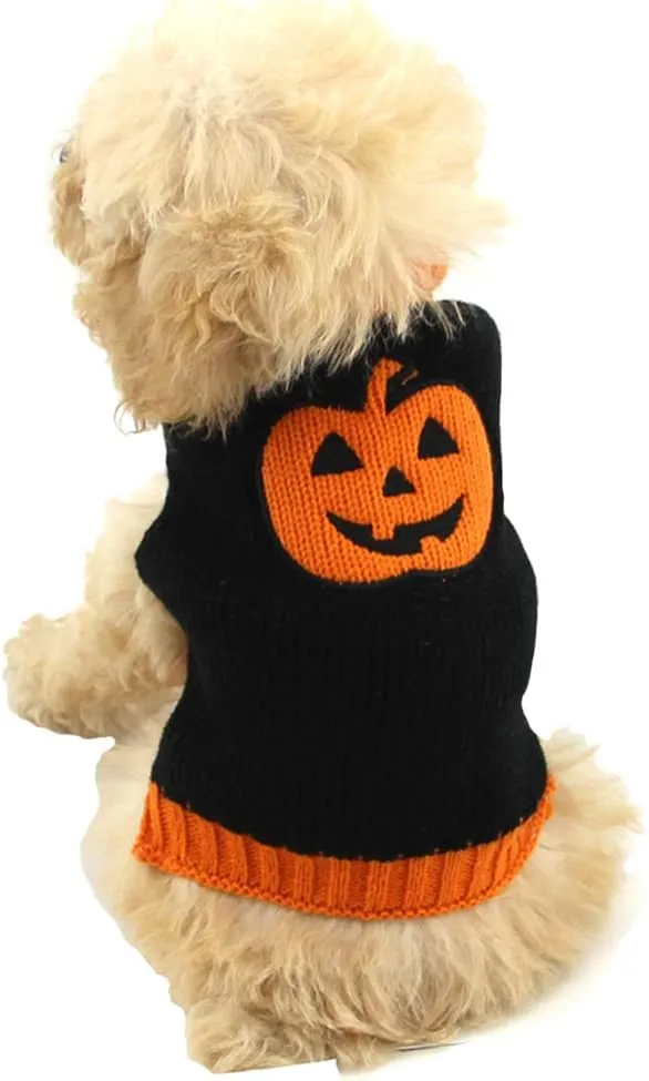 Dog Halloween Sweater Fall Winter Turtleneck Knit Warm Puppy Clothes Outfits Holiday Funny Pumpkin Pet Costumes for Small Medium Large Dogs Cats (XS, Black   Orange)
