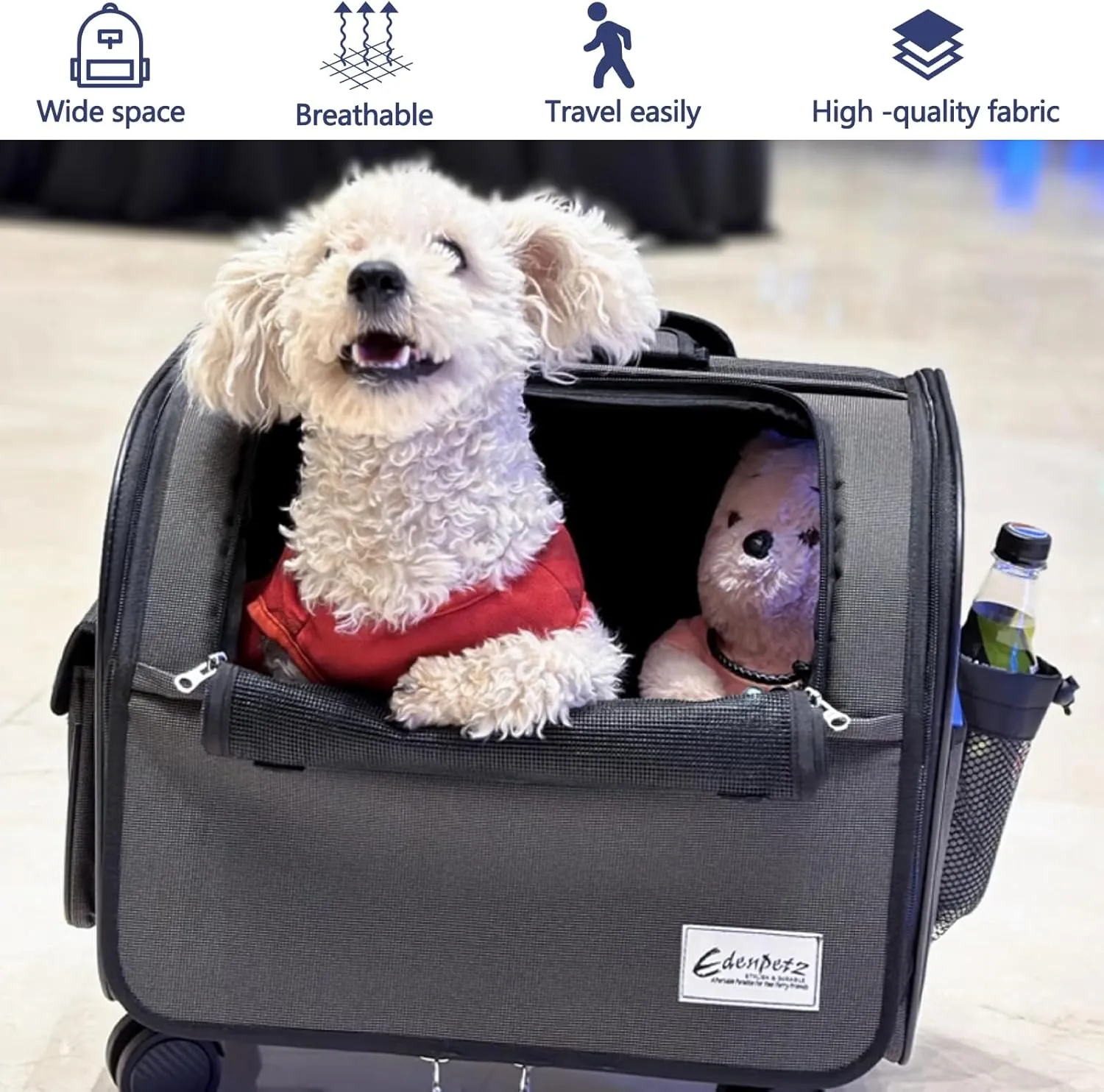Dog Travel Bag with Removable Rolling Wheels, Airline Approved Pet Carrier, Foldable Cat Bag with Breathable Mesh, Pet Stroller(White)