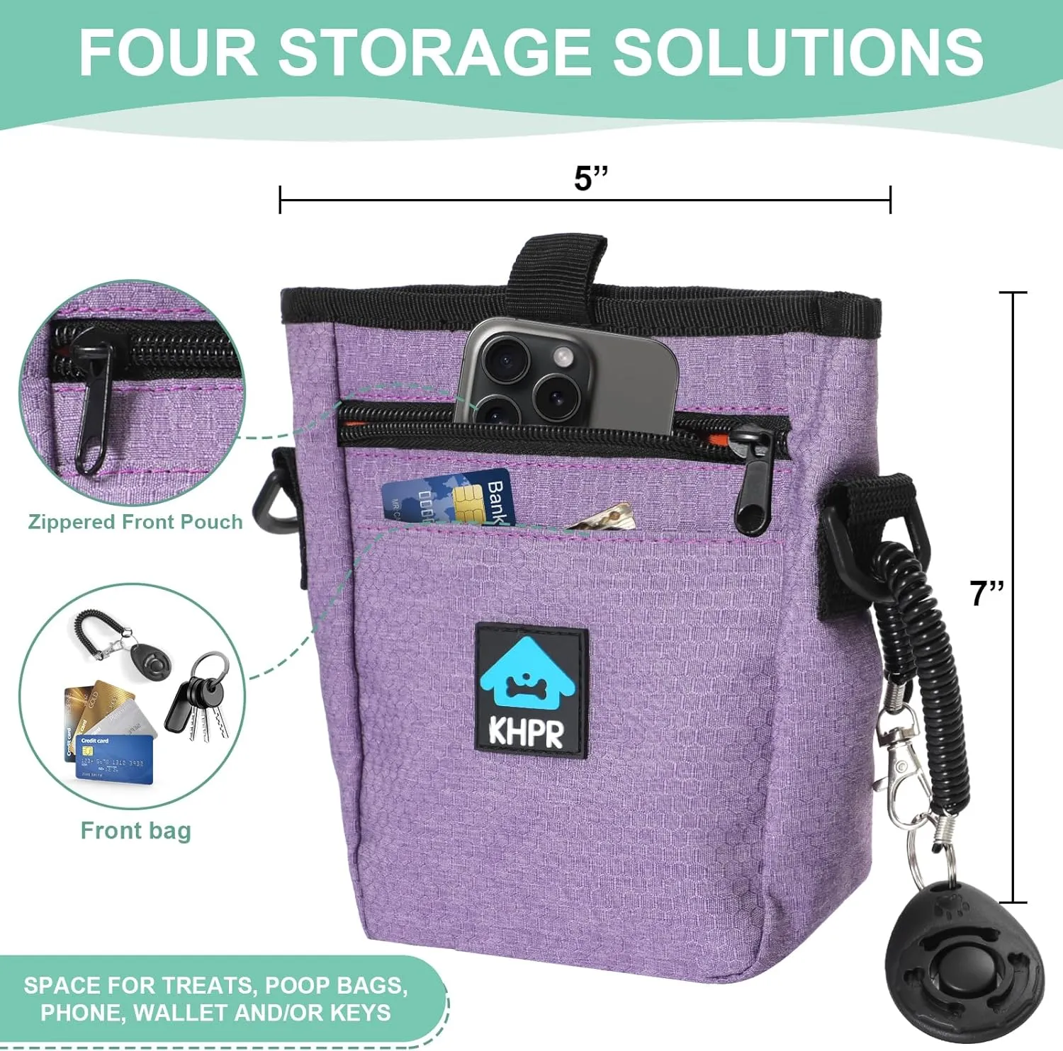 Dog Treat Pouch Magnetic Closure with Training ClickerHands-Free Design to Prevent SpillsBuilt in Poop Bag Dispenser3 Ways To WearMetal Clip Waist Belt and Fanny Pack for Pet WalkingPurple