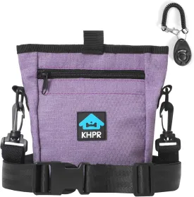 Dog Treat Pouch Magnetic Closure with Training ClickerHands-Free Design to Prevent SpillsBuilt in Poop Bag Dispenser3 Ways To WearMetal Clip Waist Belt and Fanny Pack for Pet WalkingPurple