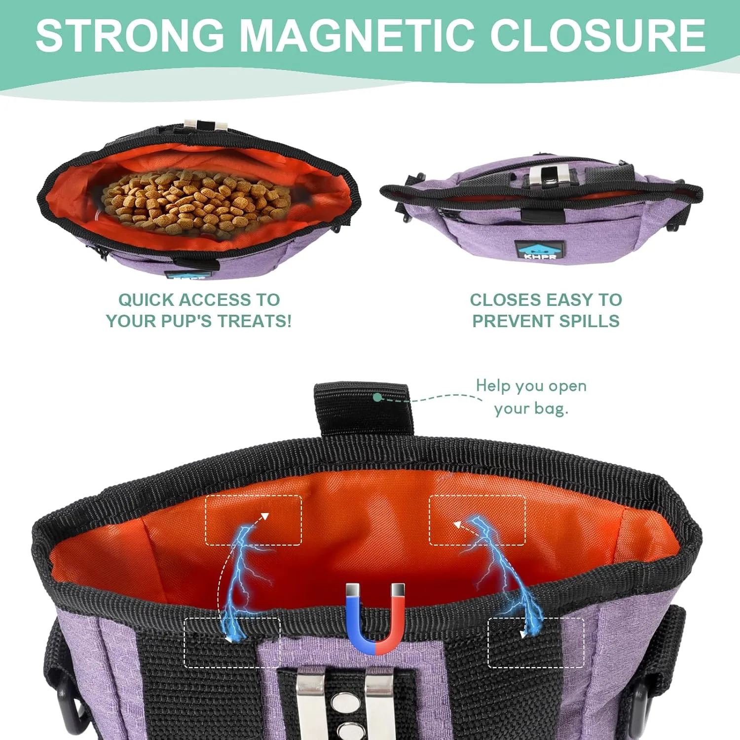 Dog Treat Pouch Magnetic Closure with Training ClickerHands-Free Design to Prevent SpillsBuilt in Poop Bag Dispenser3 Ways To WearMetal Clip Waist Belt and Fanny Pack for Pet WalkingPurple