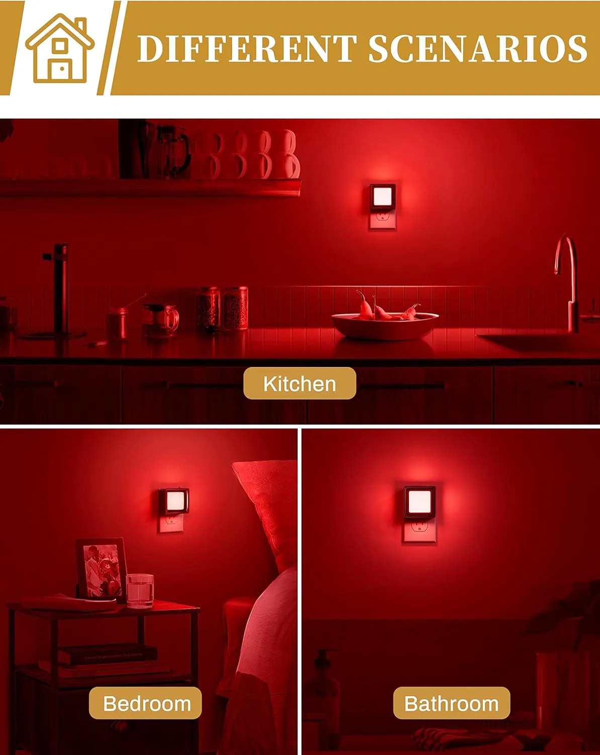 DORESshop Red Night Light [2 Pack], Night Lights Plug Into Wall, Night Light Dusk to Dawn Sensor, LED NightLight Adjustable Brightness, Bedroom, Bathroom, Hallway, Stairs, Christmas, Party