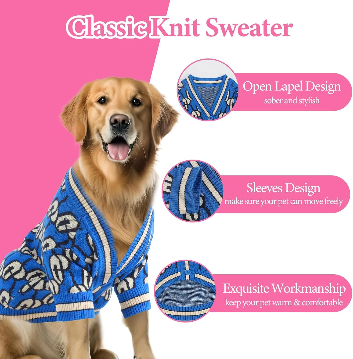 Dynamic Letter Patterned Dog Sweater,Pet Sweaters for Dogs,Dog Cardigan,Knitted Pet Clothing,Pet Clothes,Suitable for All Seasons and Types of Dogs,(Blue M)