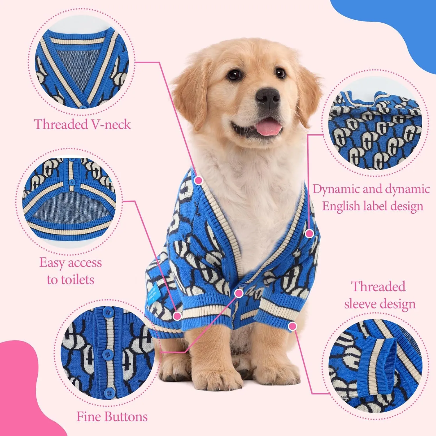 Dynamic Letter Patterned Dog Sweater,Pet Sweaters for Dogs,Dog Cardigan,Knitted Pet Clothing,Pet Clothes,Suitable for All Seasons and Types of Dogs,(Blue M)