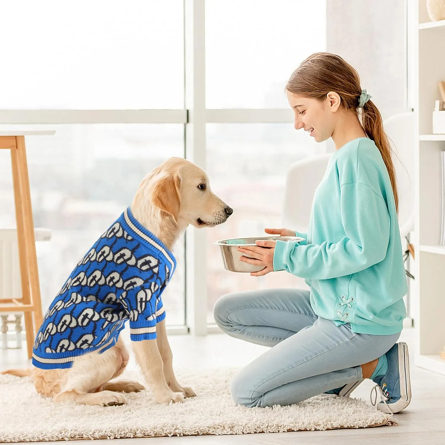 Dynamic Letter Patterned Dog Sweater,Pet Sweaters for Dogs,Dog Cardigan,Knitted Pet Clothing,Pet Clothes,Suitable for All Seasons and Types of Dogs,(Blue M)