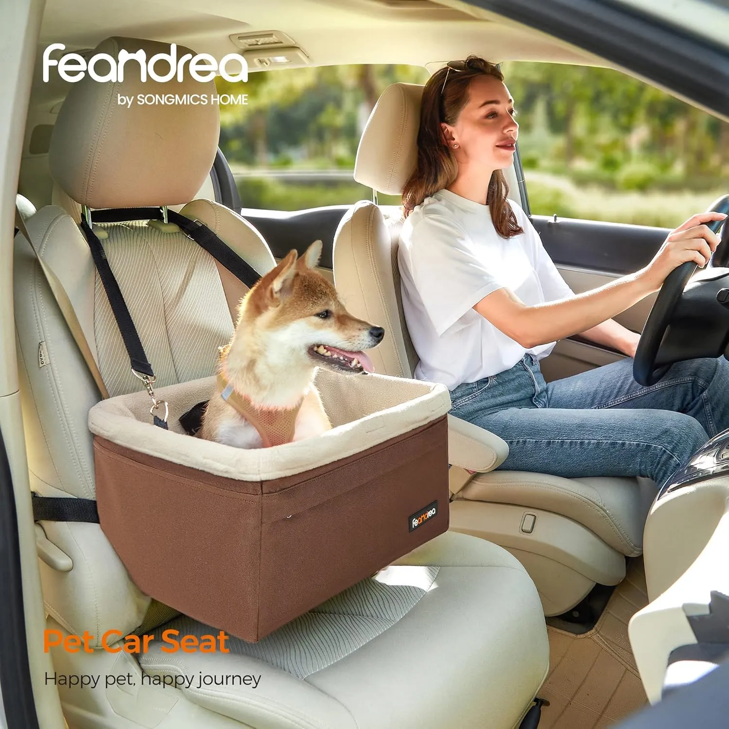 Feandrea Dog Car Seat, Pet Booster Seat for Small Dogs up to 18 lb, with Adjustable Straps, Removable Washable Fleece Liner, 4 Pockets, for Front Seats, Back Seats, Brown and Beige UPBS042K01
