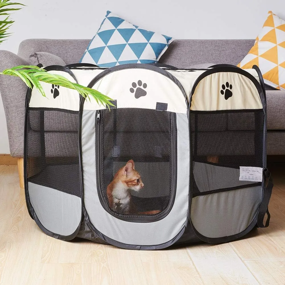 Foldable Pet Dog Playpen, Pop Up Portable Cat Playpen, Indoor/Outdoor for Kitten Puppy Play Pen, Cats Crate Tent with Carrying Bag, 600D Oxford (Beige   Grey, Large, 8)