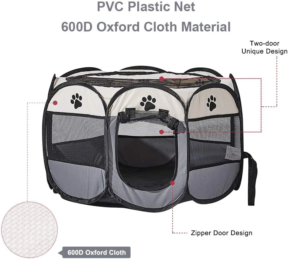 Foldable Pet Dog Playpen, Pop Up Portable Cat Playpen, Indoor/Outdoor for Kitten Puppy Play Pen, Cats Crate Tent with Carrying Bag, 600D Oxford (Beige   Grey, Large, 8)