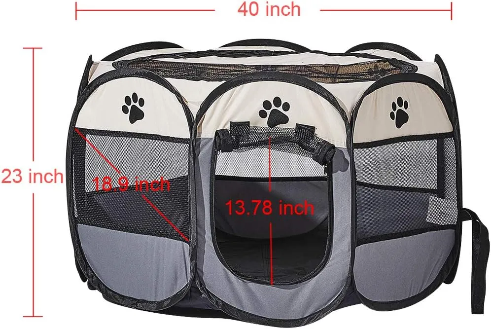Foldable Pet Dog Playpen, Pop Up Portable Cat Playpen, Indoor/Outdoor for Kitten Puppy Play Pen, Cats Crate Tent with Carrying Bag, 600D Oxford (Beige   Grey, Large, 8)
