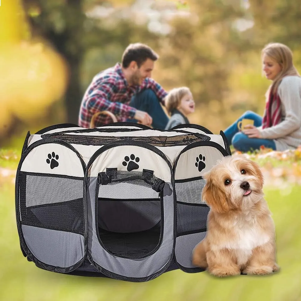 Foldable Pet Dog Playpen, Pop Up Portable Cat Playpen, Indoor/Outdoor for Kitten Puppy Play Pen, Cats Crate Tent with Carrying Bag, 600D Oxford (Beige   Grey, Large, 8)