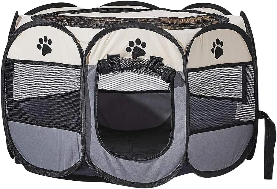 Foldable Pet Dog Playpen, Pop Up Portable Cat Playpen, Indoor/Outdoor for Kitten Puppy Play Pen, Cats Crate Tent with Carrying Bag, 600D Oxford (Beige   Grey, Large, 8)